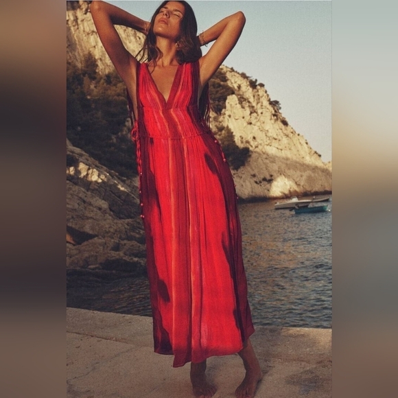 Zara Viscose Ombre Pleated V-neck Side/Shoulder ties Lined Maxi Dress Size XL - Picture 4 of 13